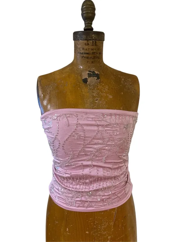 FOREVER 21 BEADED Sequin CLUB PARTY pink SEXY STRAPLESS TUBE TOP size medium - Image 2