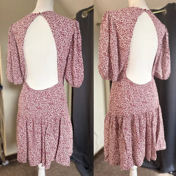 Free People Dancing In The Dark‎ Mini Dress Womens Large Maroon Floral Open Back - Image 4