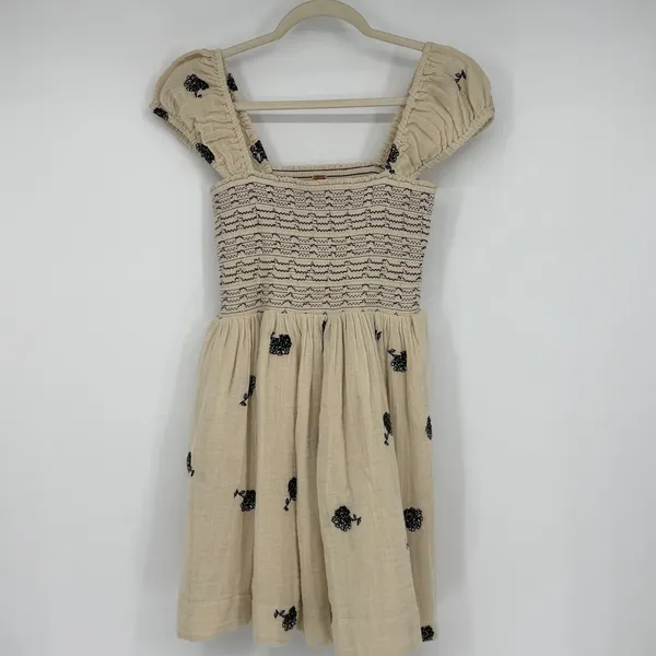 Free People Tory Embroidered Mini Dress XS Tea Combo Smocked Puff Sleeve - Image 2