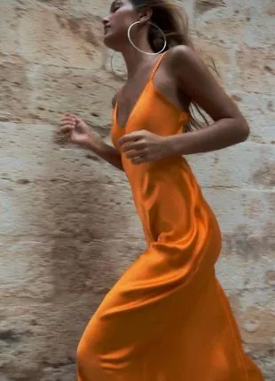 Zara dress maxi midi hot orange satin effect wedding party cocktail - Image 5