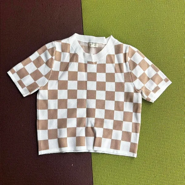 Fuzzy Checker crop top in tan and beige - Image 2