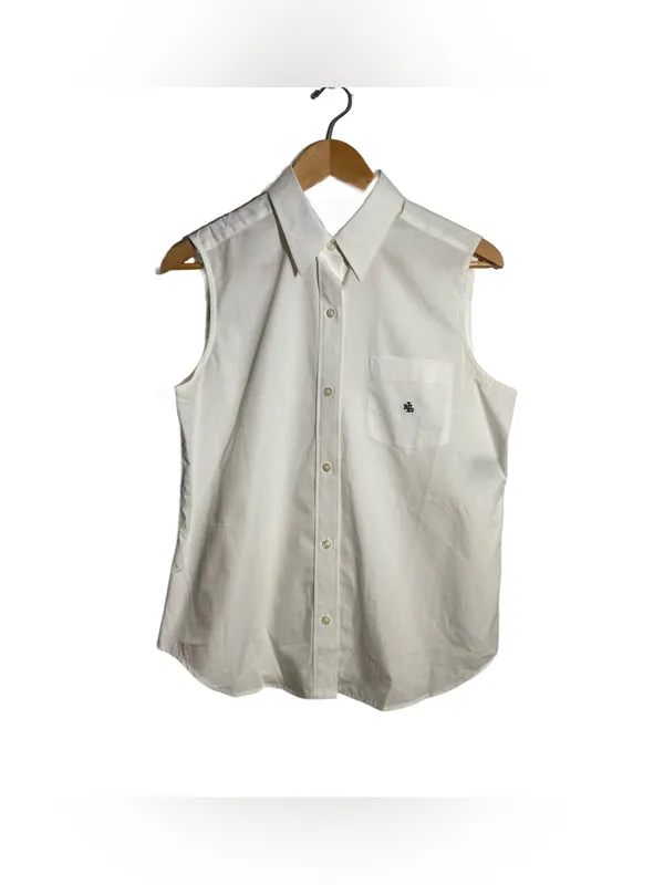 Lauren Ralph Lauren Button Down Blouse Women's Large White Cotton Sleeveless Top - Image 2