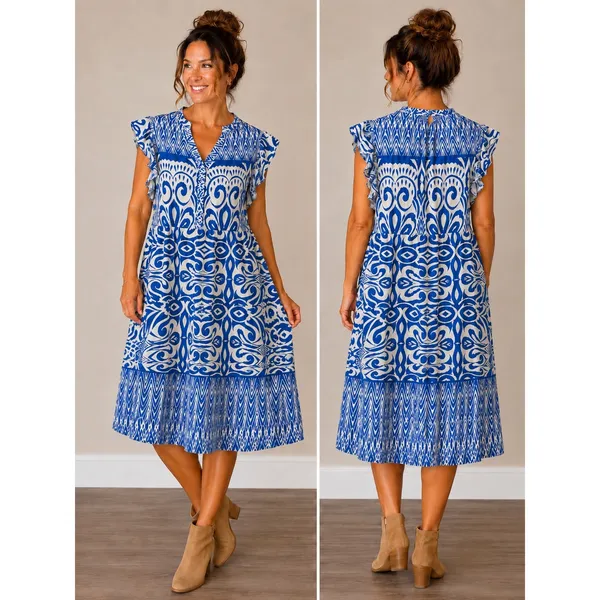 Umgee USA Blue‎ White Ikat Damask Ruffle Sleeve Midi Babydoll Dress Large B8620 - Image 2