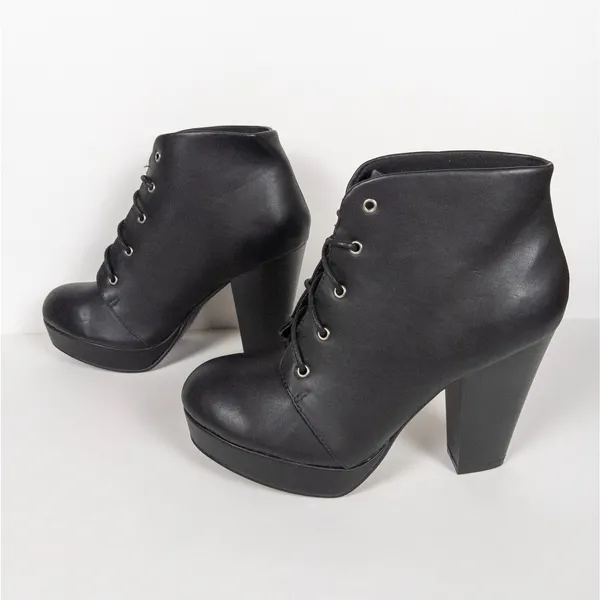 BONNIBEL Black Heeled Lace Up Platform Ankle Booties Faux Leather Women's 9 - Image 5