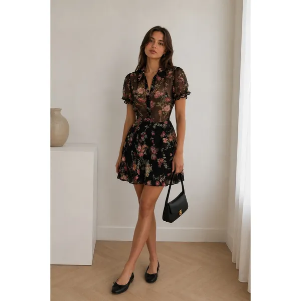 Reformation Mckendrie Floral Sheer Collar Short Sleeve Mini Shirt‎ Dress Black 2 - Image 3