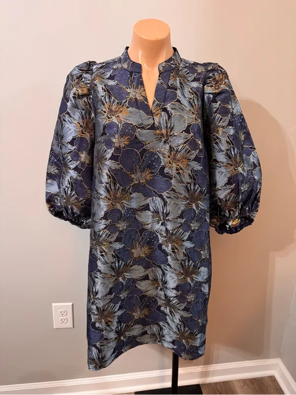 Crown & Ivy Jacquard Floral Metallic 3/4 Puff Sleeve Dress Blue Gold - Image 2