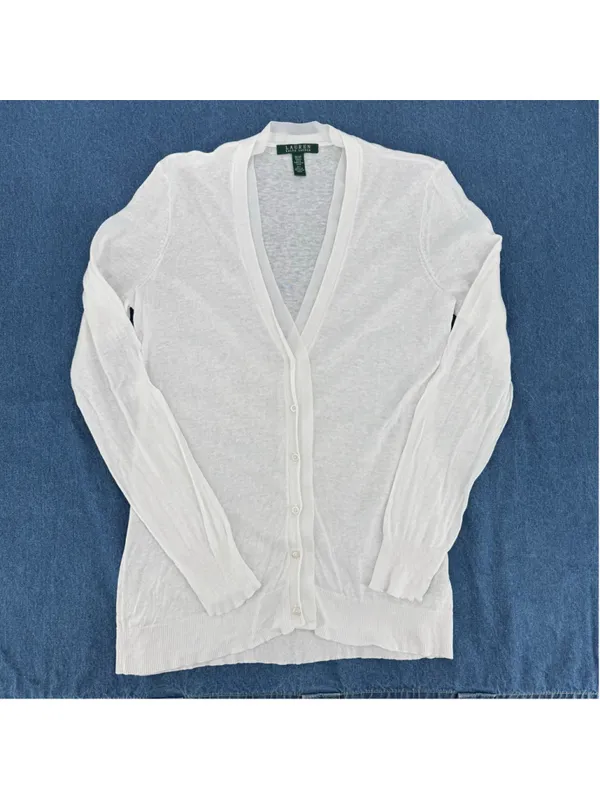 Lauren Ralph Lauren White Cardigan & Tank Top Set Linen Cotton Ribbon Trim Med - Image 5