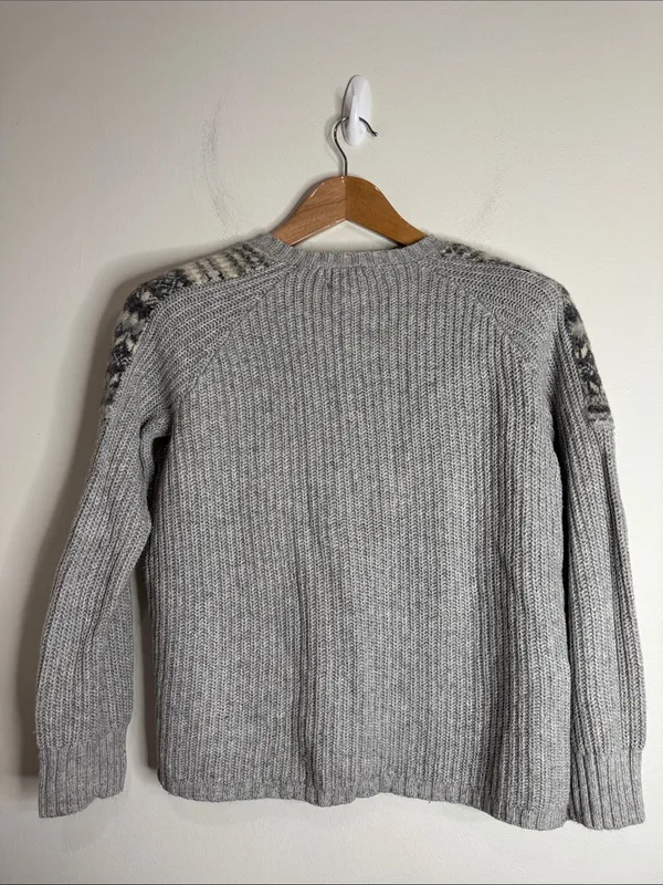 Vintage Eddie Bauer Ribbed Gray Fair Isle Nordic Buttoned Sweater Cardigan sz Mp - Image 2