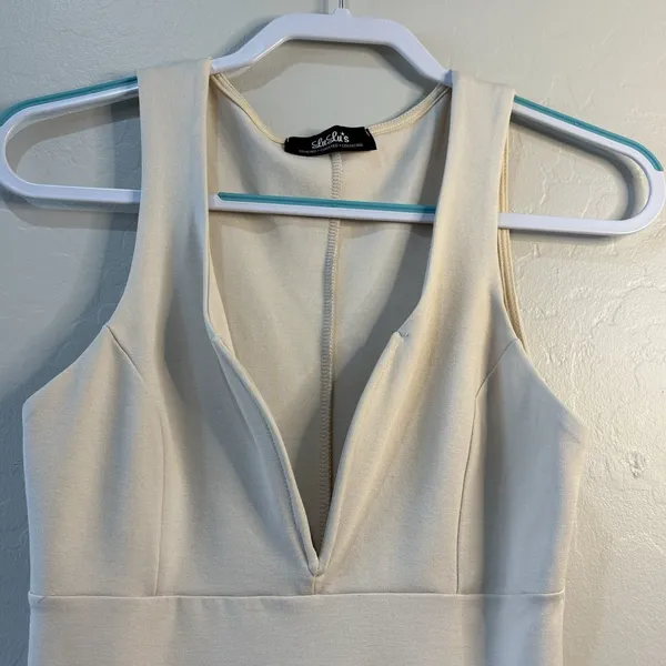 Lulus Fitted‎ Stretch Dress That Thing You Do Bodycon Deep V Ivory Size S - Image 2