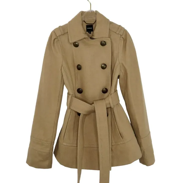 Express Tan Wool Double-Breasted Peacoat Extra Small Winter - Image 4