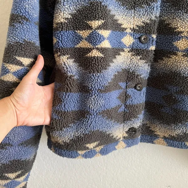 WOOLRICH Vtg Sherpa Aztec Fleece Deep Pile Blue Black Jacket Coat Womens Medium - Image 5