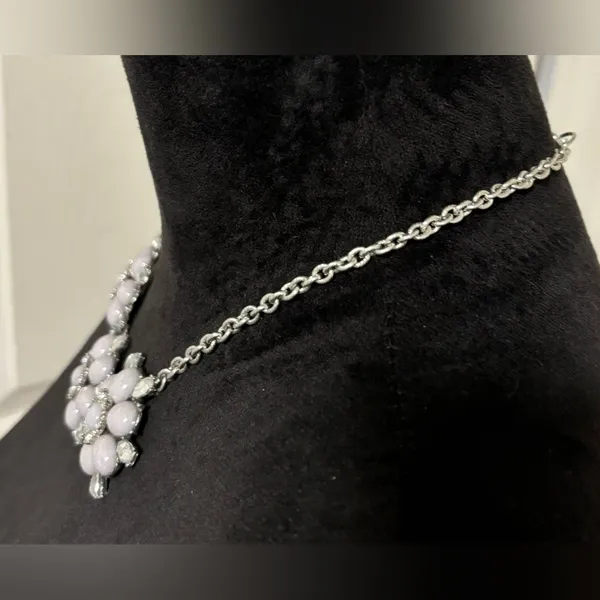 Blush Pink Rhinestone Floral Statement Necklace 3 Flower Bib - Image 4