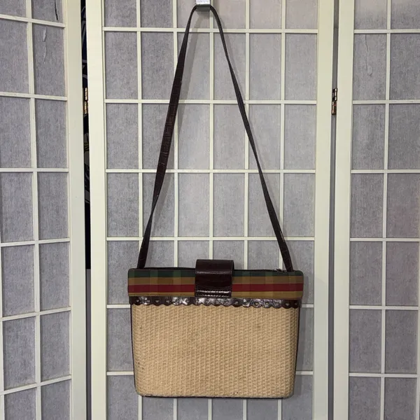 Vintage Brighton Style Y2K Handbag Brown‎ Leather Hearts Trim Plaid Straw Purse - Image 2