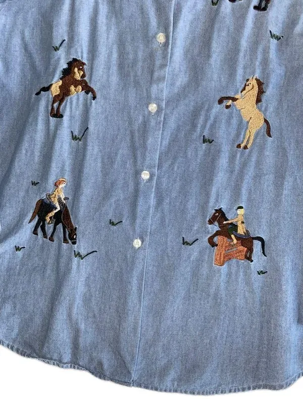 Bechamel Embroidered Cowboy Denim Buttondown Top Size XL - Image 5
