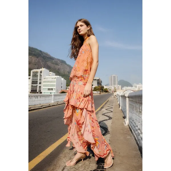 NWT Farm Rio‎ Mocha Boho Floral Ruched Ruffled Flowy Full Maxi Skirt Size S Boho - Image 2