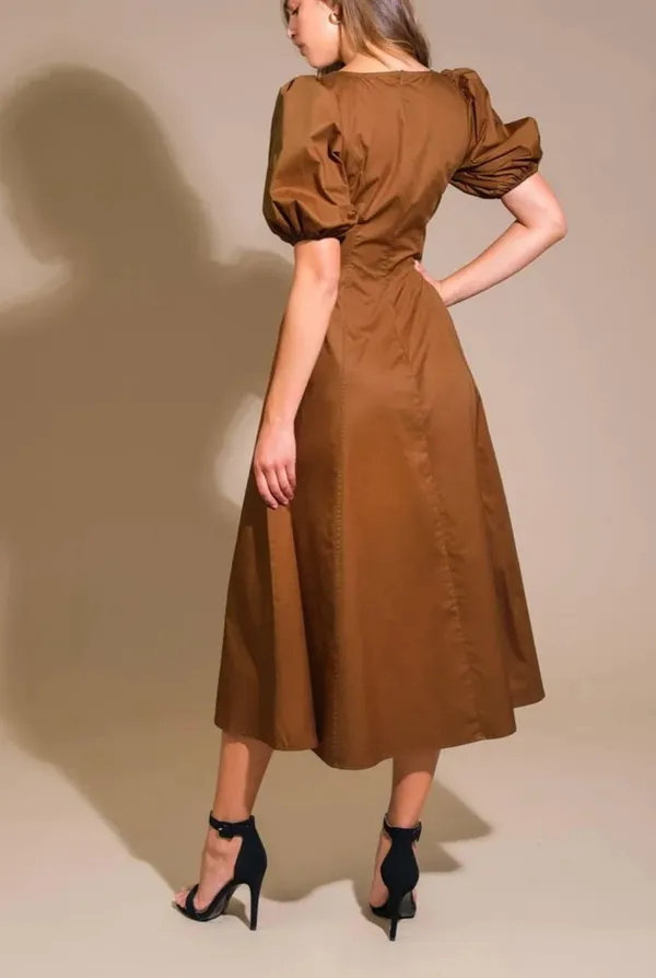 Flying Tomato Brown Square-Neck Midi Dress with Puff Sleeves size M - Image 2