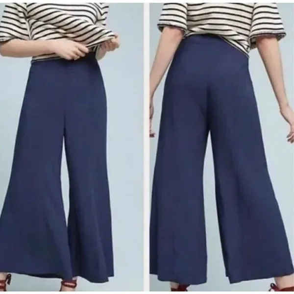 Anthropologie ✨Maeve Canna Culotte Wide Leg Crop Sz 8 Pants Dark Blue Rayon Side Zipper✨ - Image 3