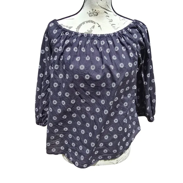 Maeve Anthropologie Navy‎ Blue Sunburst Print Off the Shoulder Cotton Blouse S - Image 3