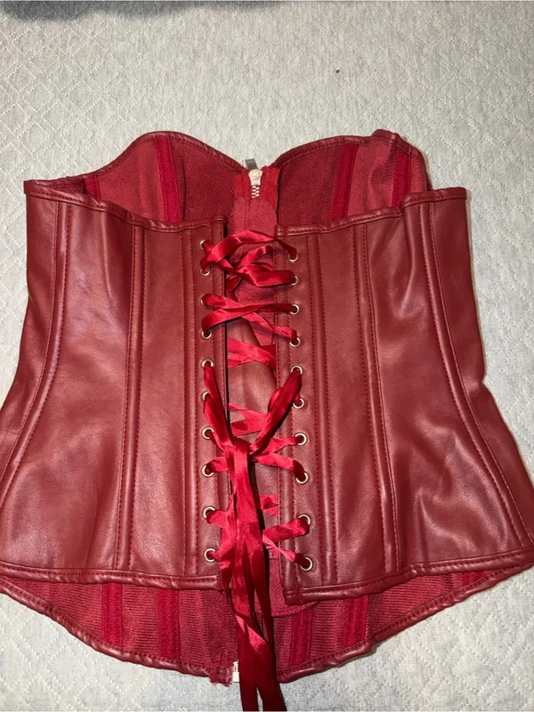 Red Faux Leather Zip-Front Corset Top - Image 3