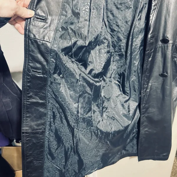 Vtg 90s Global Identity leather Coat womens S black Long 90s Trench Matrix Y2K - Image 6