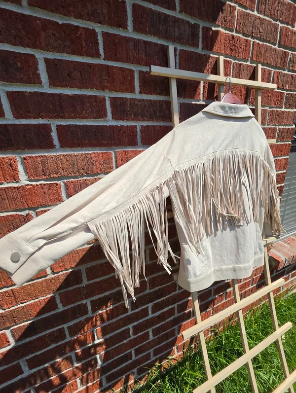 Cream Fringe Faux Suede Jacket Small - Image 10