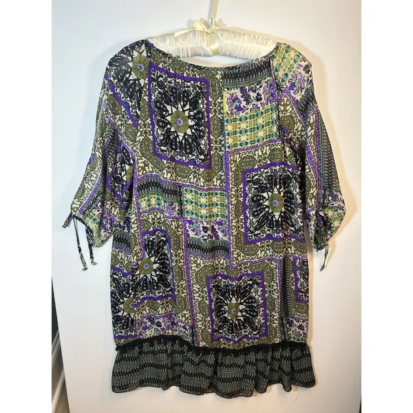 Women’s XL Purple Olive Patchwork Print Tunic Dress Ruffle Hem Tie Sleeves Boho - Image 3