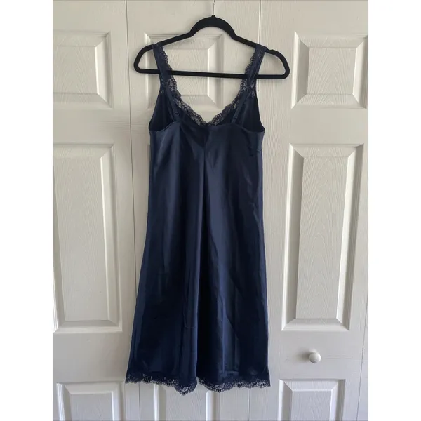 Vintage Lace Trim Satin Full Slip Womens Size M Navy Blue Lingerie Nightgown - Image 5