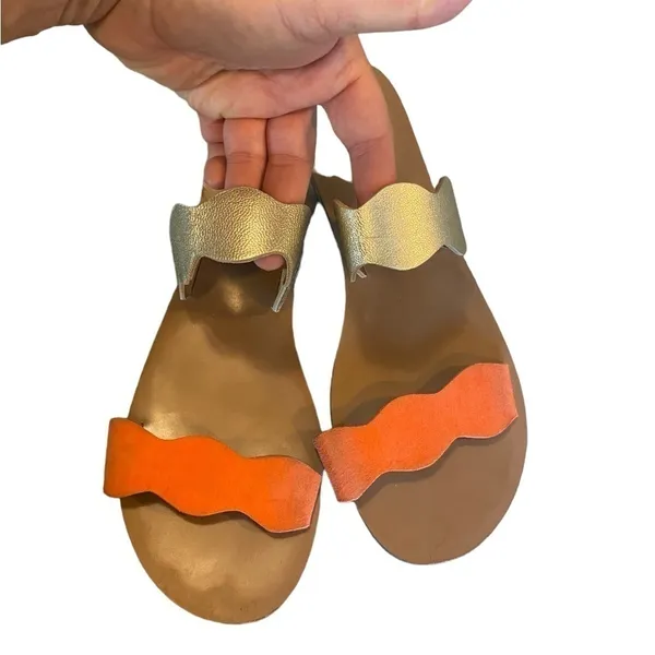 J.Crew Scalloped gold Metallic orange Leather Sandals slides Resortwear Vacation - Image 4
