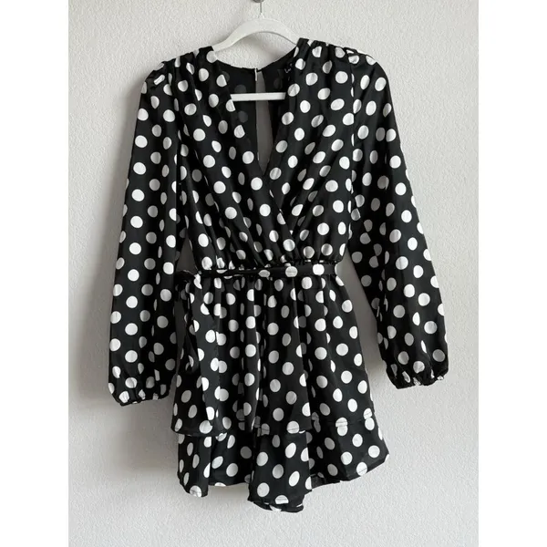 Lulus Women’s Polka Dots Satin Ruffled Romper‎ Elegant Glam Cocktail Size Small - Image 10
