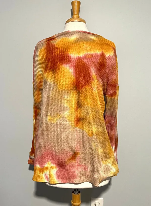 BiBi Colorful Pink Yellow Tan Colorful Tie Dye Waffle Knit Top Shirt - Image 2
