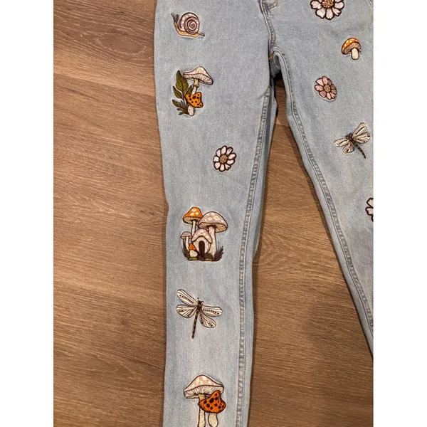 Cottagecore Mushroom Embroidered Light‎ Wash High Rise Straight Leg Jeans Womens - Image 3
