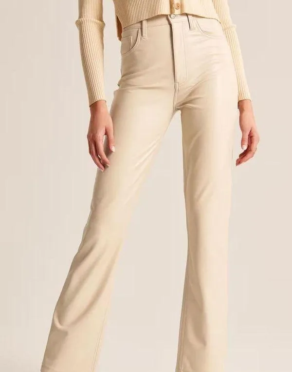Abercrombie Vegan Leather 90s Straight Pant in Cream - Image 3