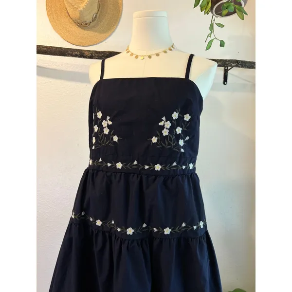 Navy Blue Floral Embroidered Folk Tiered Midi Dress Size Small 100% Cotton - Image 2
