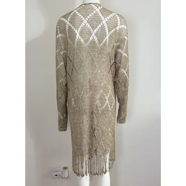Womens Crochet Knit Cardigan Long Duster Metallic Beige Fringe Boho Cover Up L - Image 5