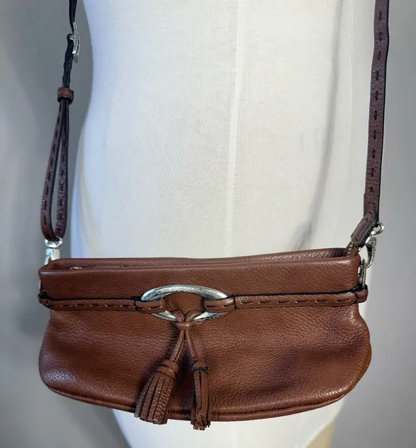 Brighton Leather Bag Shoulder Purse Tasseled Handbag Cross Pebbled Brown Vintage - Image 14