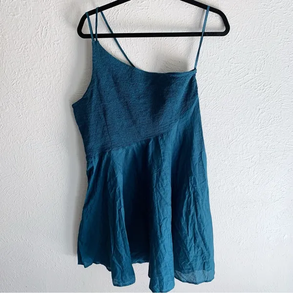 Dahlia Asymmetrical Smocked Mini Dress Teal Sz XL - Image 3