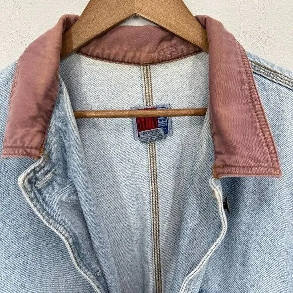 Vintage 90s Women's Size XL‎ Denim Trench Chore Coat Light Wash Contrast Collar - Image 10