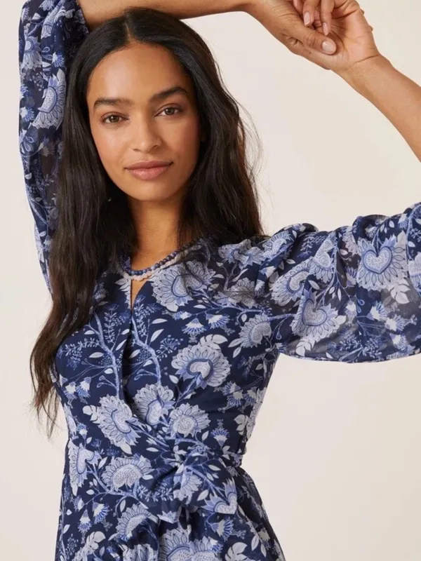 Anthropologie Hutch Navy Floral Wrap Midi Dress Small Cottagecore Boho Romantic - Image 2
