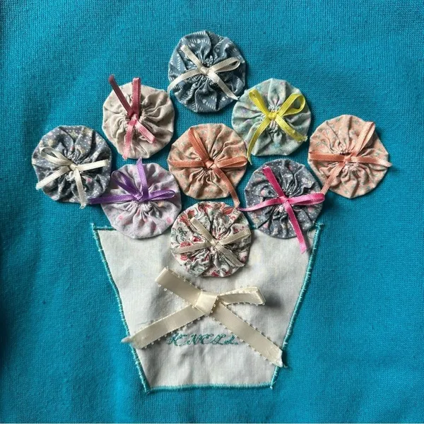 Vintage Tultex Super Sweats Sweatshirt L Teal Floral Applique Made USA 90s - Image 3