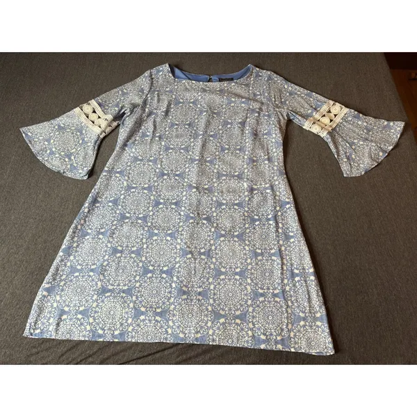 Luxology Blue White Mandala Print Bell Sleeve Dress Women's XL‎ - Image 2