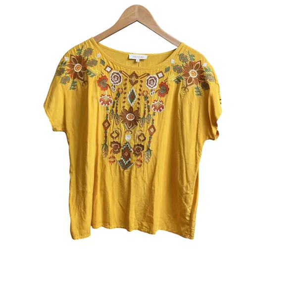 Solitaire Mustard Yellow Embroidered Boho Blouse Rayon Short Sleeve Top 21-232 M - Image 14