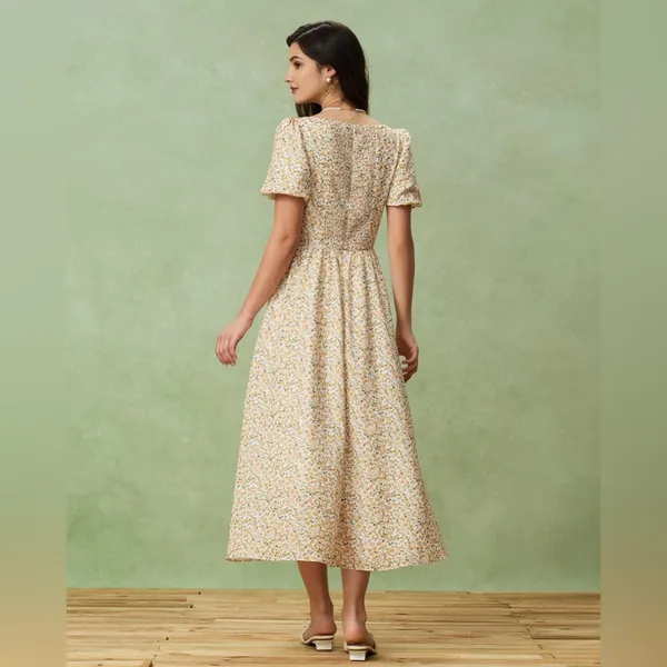 Rihoas Yellow Floral Puffed Sleeve Midi Dress - Image 6