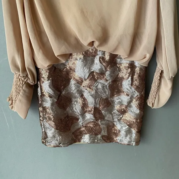 Love Culture Sequin‎ MobWife Y2K Party Glam Cowl Neck Mini Dress Small Tan Gold - Image 3