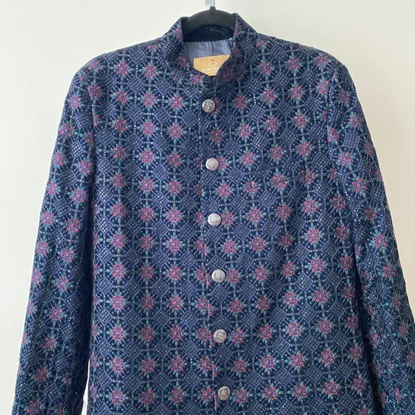 Laromani Blue Embroidered Sequin‎ Sherwani Nehru Collar Long Jacket Coat - Image 2