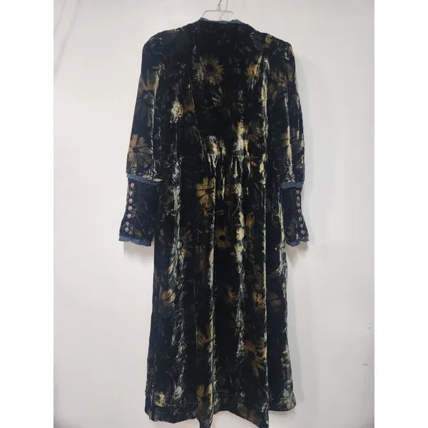Free People Hazel Duster Velvet Coat Floral Print Black Gold Brown Lined XL H - Image 8