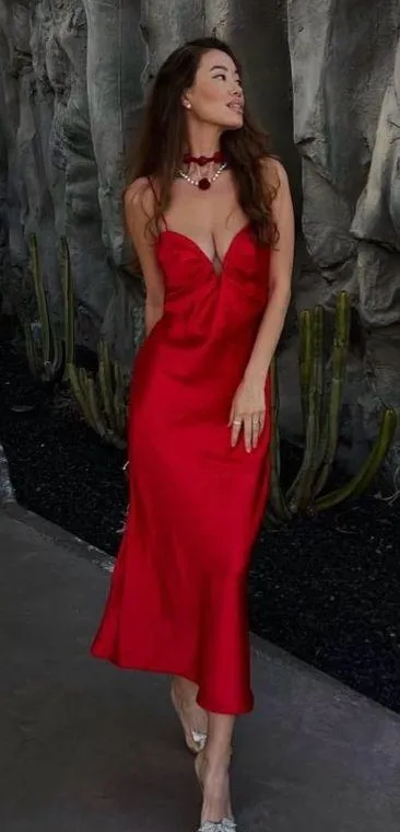 Zara maxi Red Evening Dress corset satin midi wedding party cocktail - Image 12