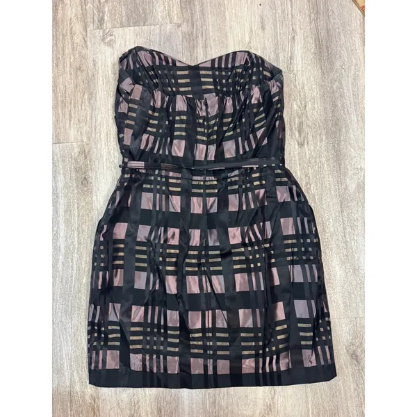 Alexia Admor Black Plaid Strapless‎ Sweetheart Neckline Belted Fit Flare Dress L - Image 4