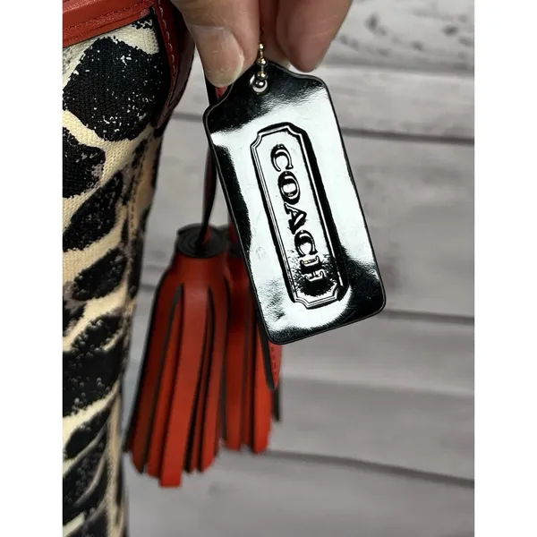 Coach Ocelot Cheetah Shoulder Bag Purse Red Black Cream Tassel Hang Tag - Image 3
