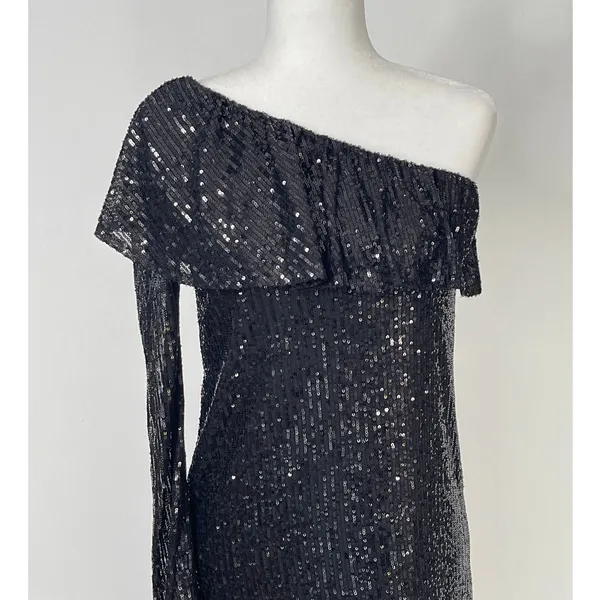 Nasty Gal One Shoulder Long Sleeve Black Sequin‎ Mini Dress Size Large New - Image 4