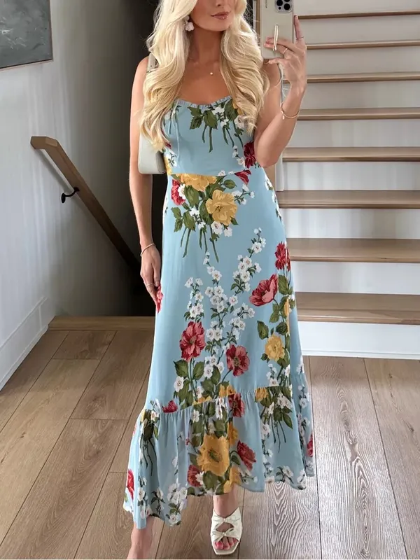 Reformation Enya Floral Ruffle Light Blue Midi Dress - Image 3